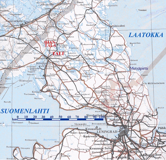 Финская карта Карельского перешейка и окрестностей Санкт-Петербурга (Ленинграда). 1989